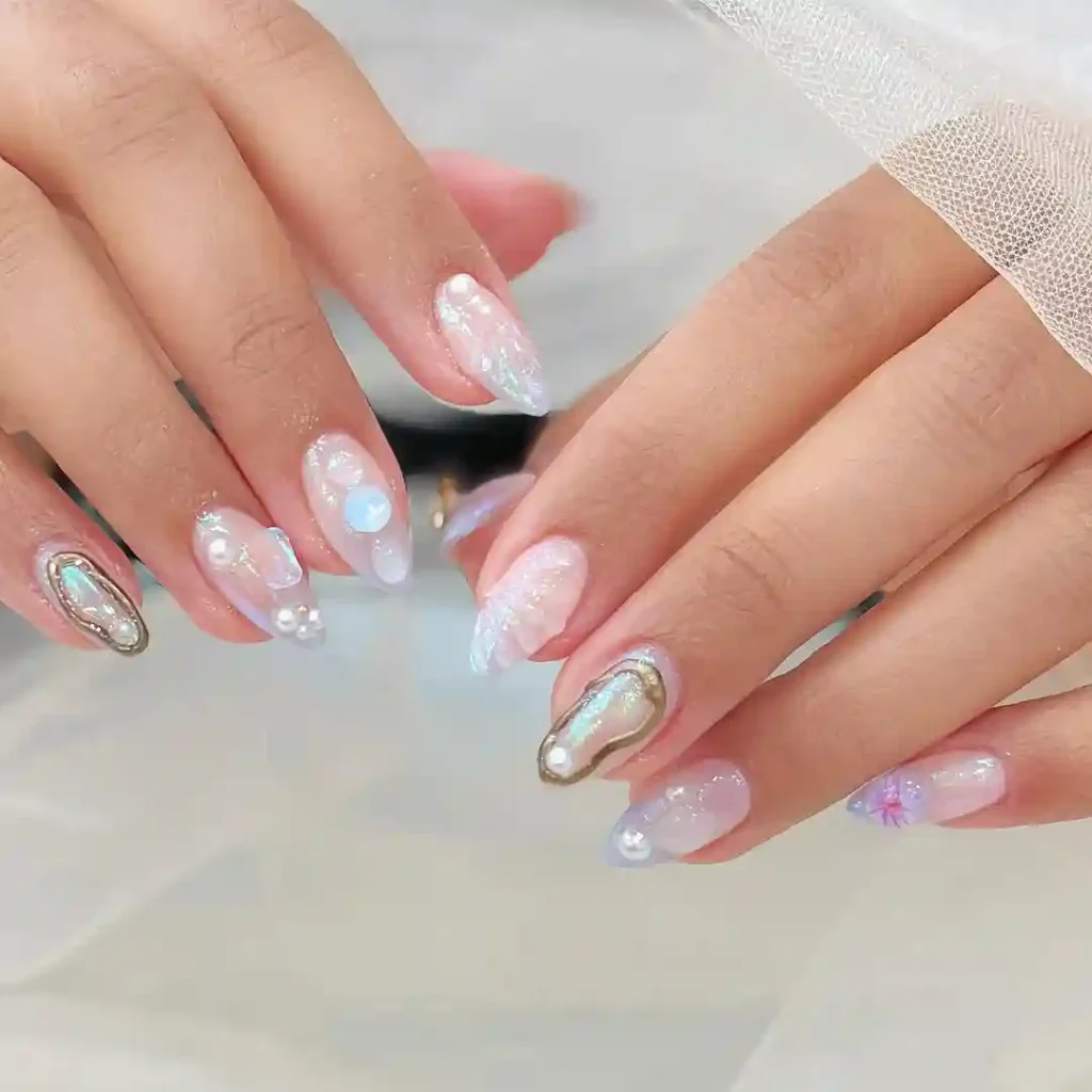 Mermaid Pearl Nails with Chrome and Iridescent Hues