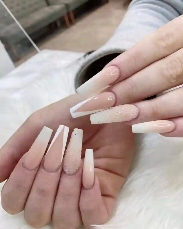 Milky Ombre Coffin Nails with Sugar Glitter