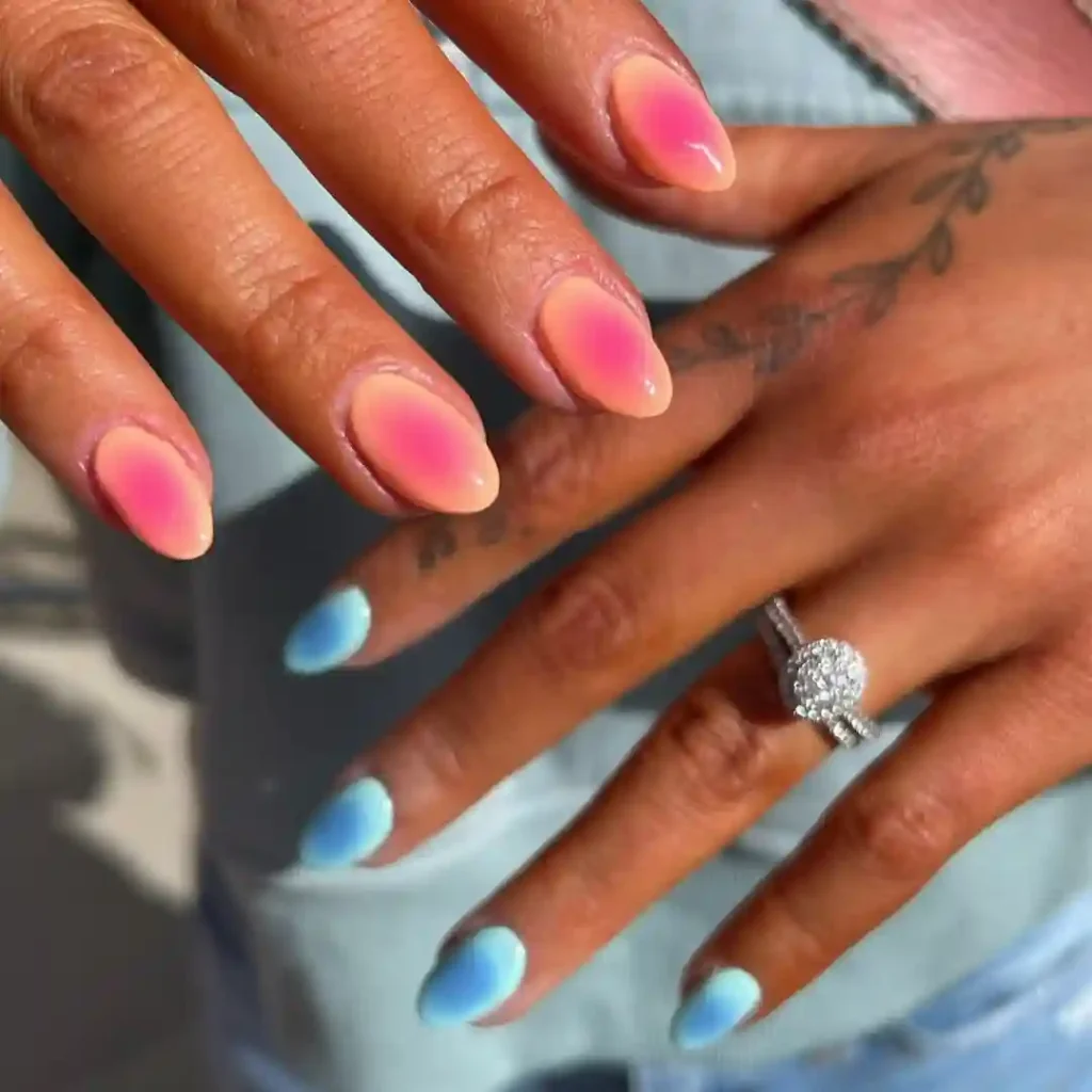 Mixed Peach-Pink & Aqua Aura Nails