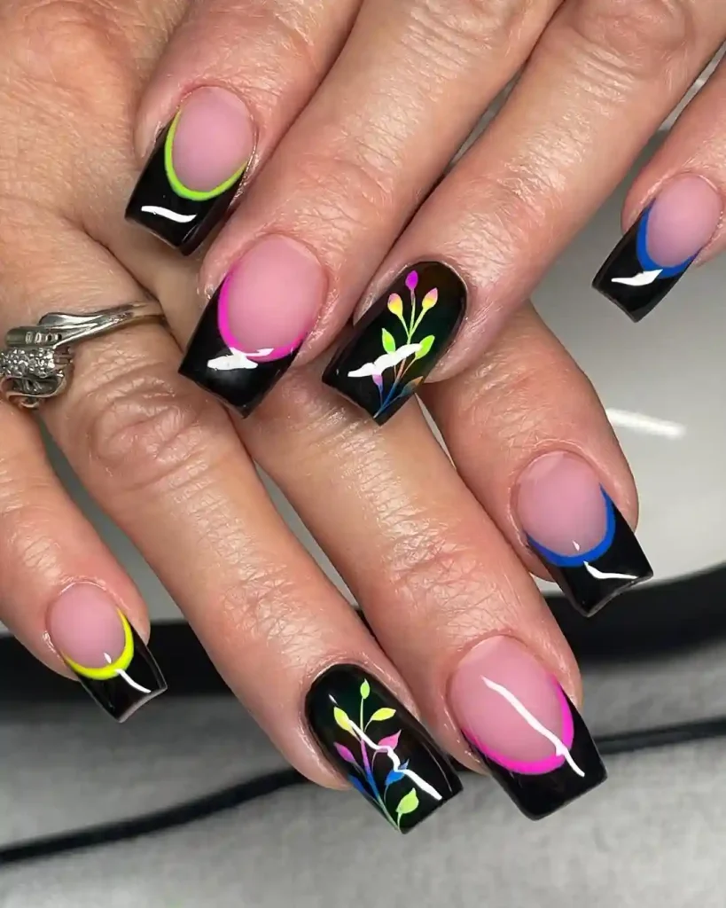 Neon French Tips with Black Base & Floral Art