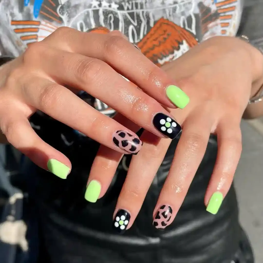 Neon Green and Black Mix with Leopard and Daisies
