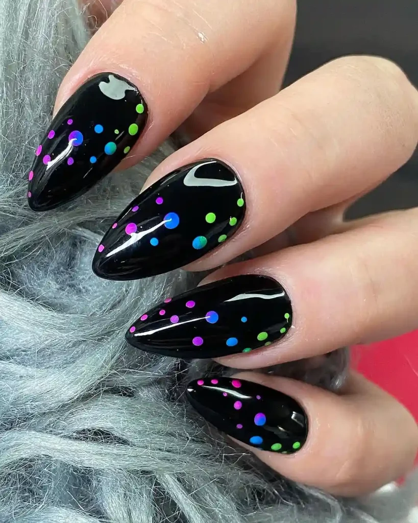 Neon Polka Dots on Glossy Black