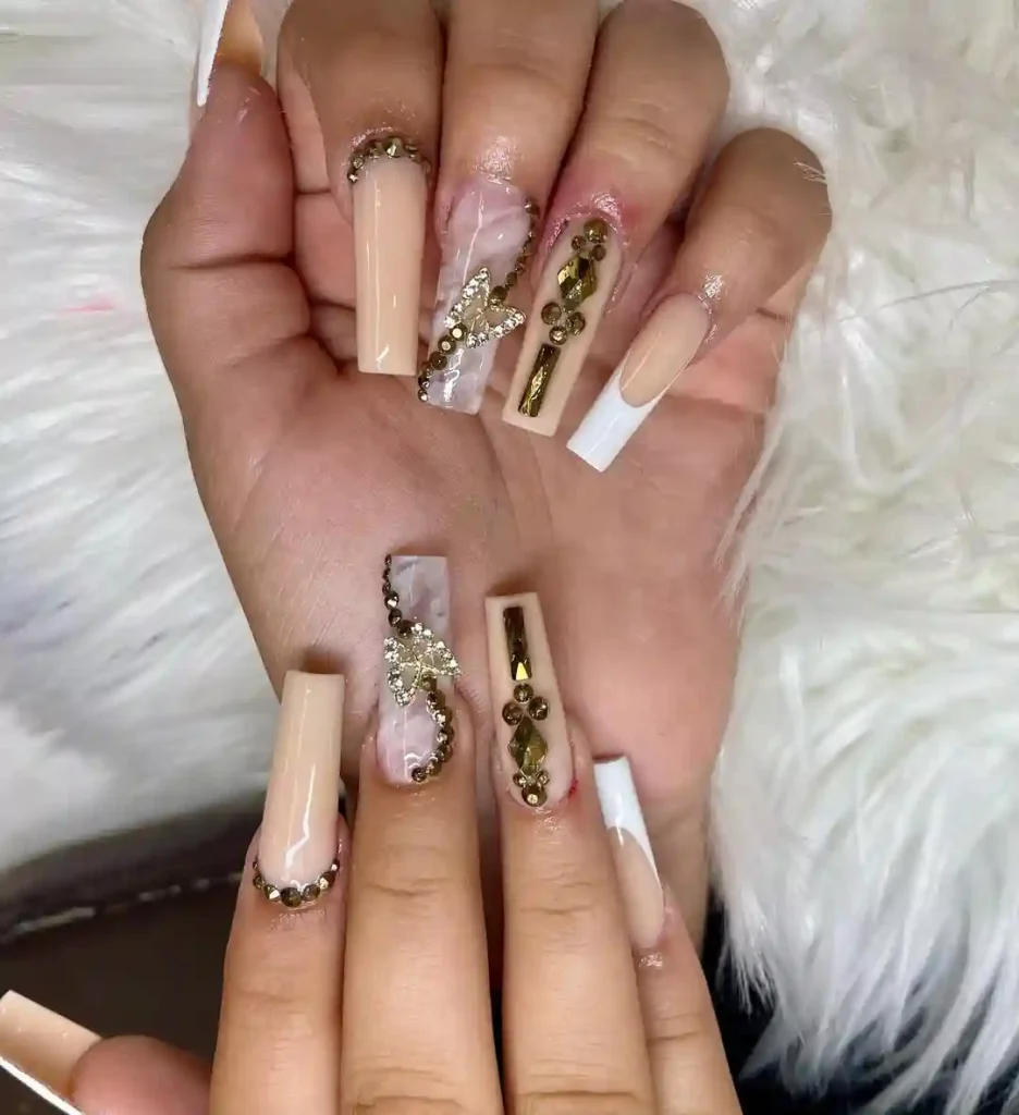 Nude & Gold Glam Coffin Nails with Stones