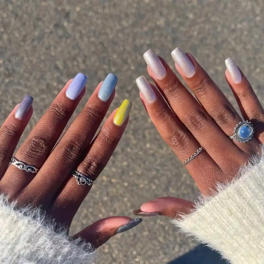Pastel Rainbow Shimmer Nails with a Pop of Yellow