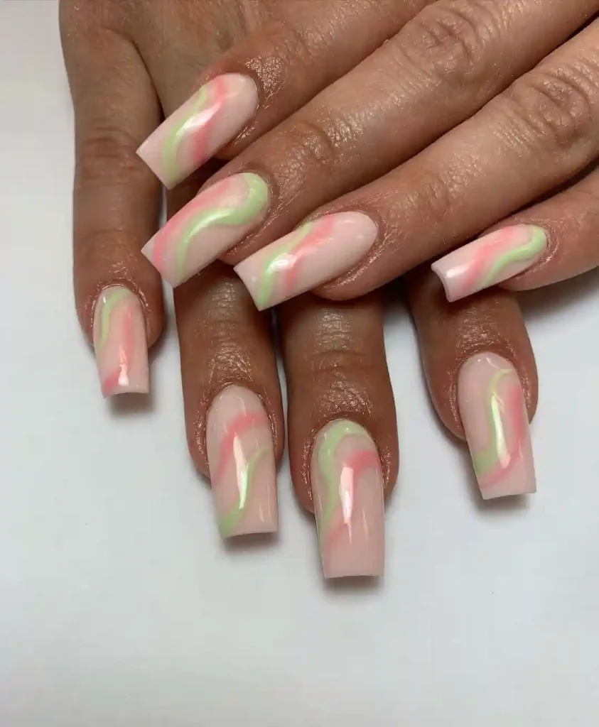Pastel Swirl Coffin Nails in Peach and Green