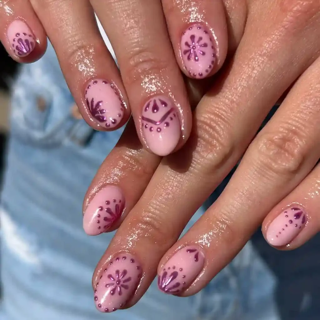 Pink and Purple Henna-Inspired Aura Nails