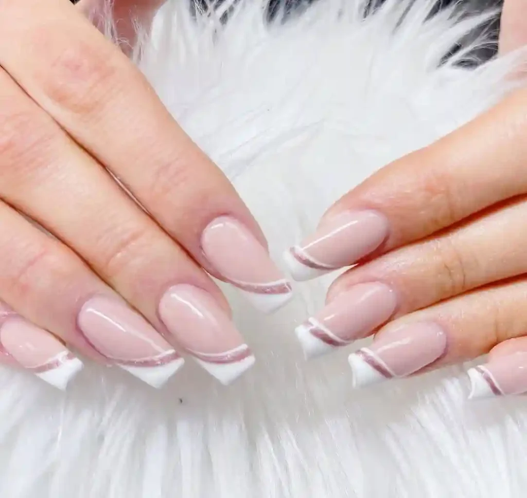 Pink and White Swirl French Coffin Nails