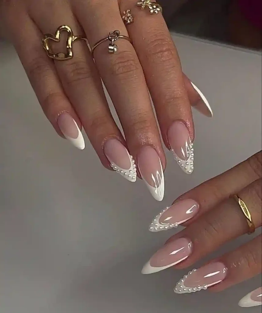 Pointed French Tips with Pearl Detailing