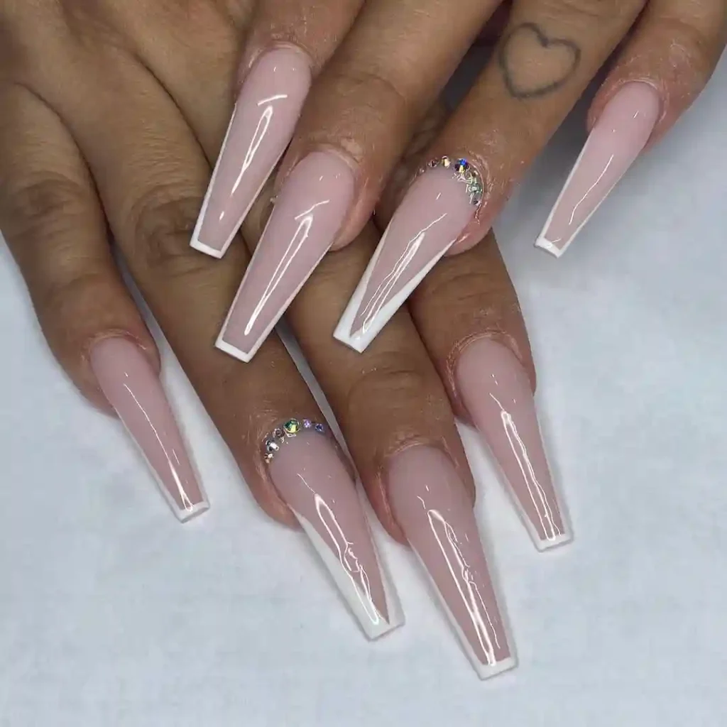 Sharp French Coffin Nails with Crystal Accents