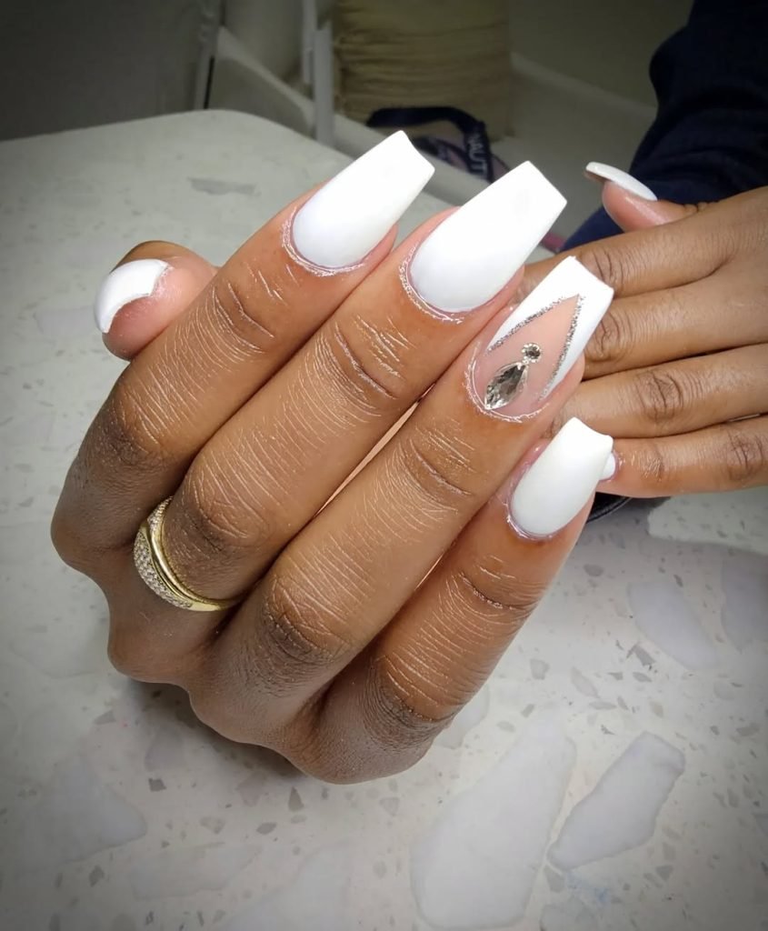 Simple White Nails with Silver Crystal Accent