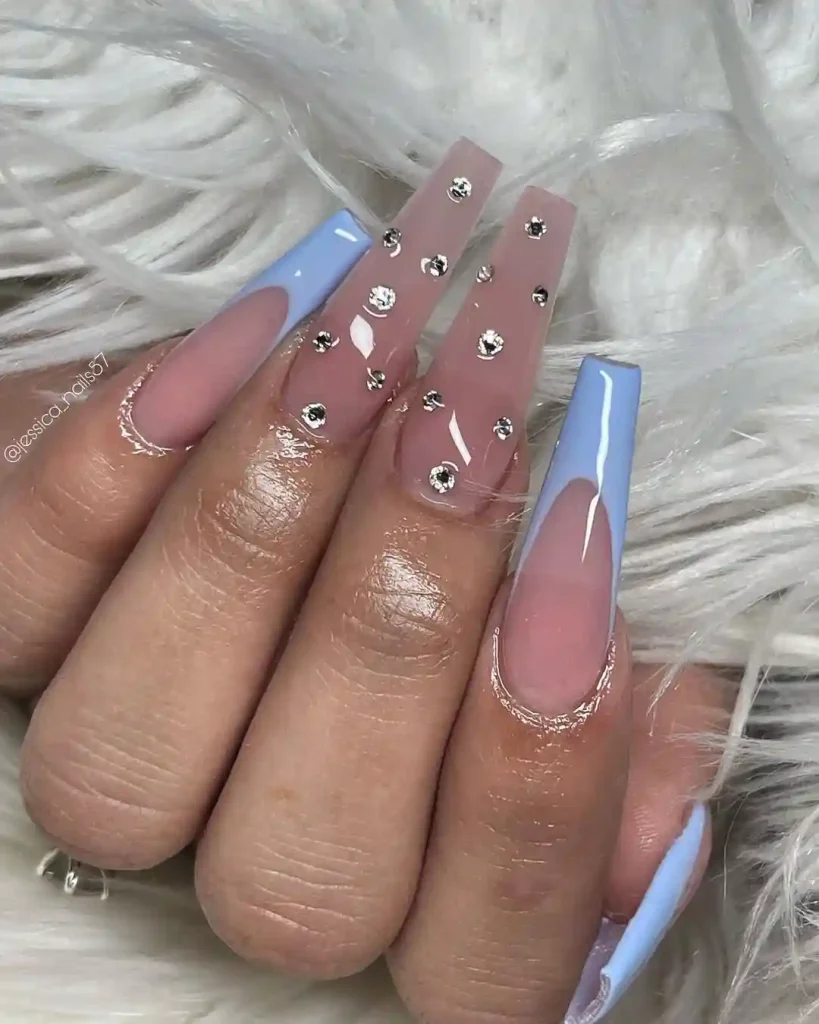 Sky Blue & Nude Coffin Nails with Rhinestones