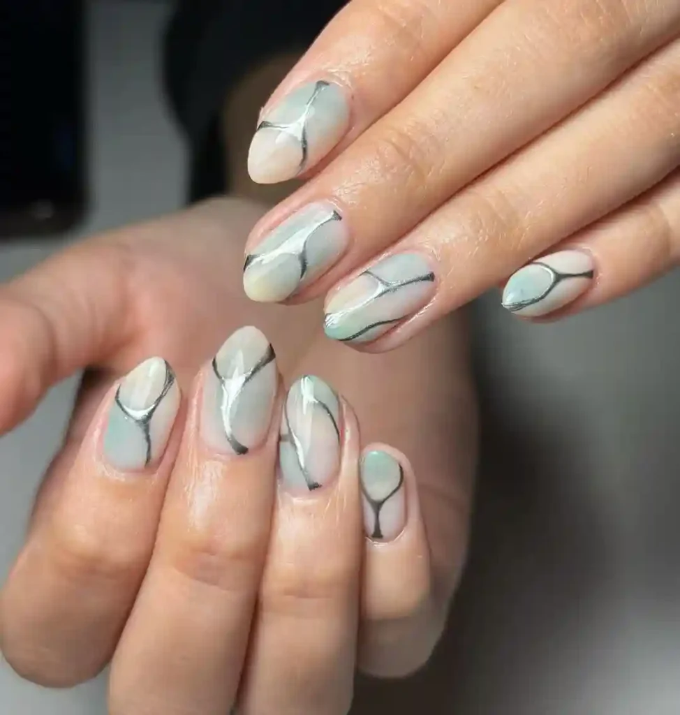 Soft Marble Aura Nails with Black Outlines