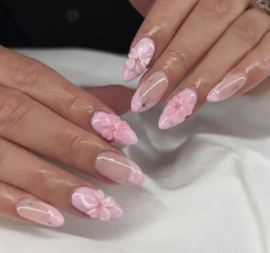 Soft Pink Flower Ocean Nails with Delicate Charm