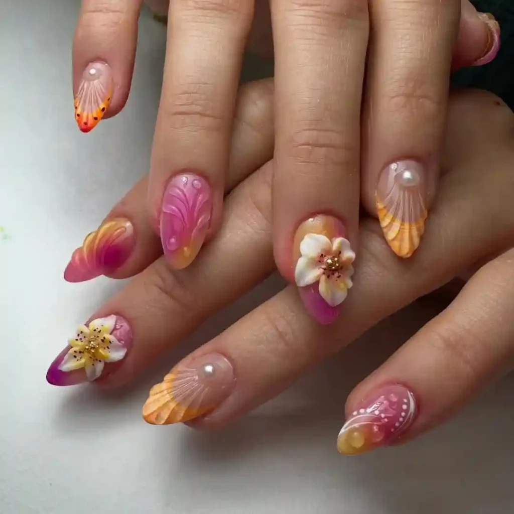 Sunset Beach Nails with 3D Shells and Tropical Flowers
