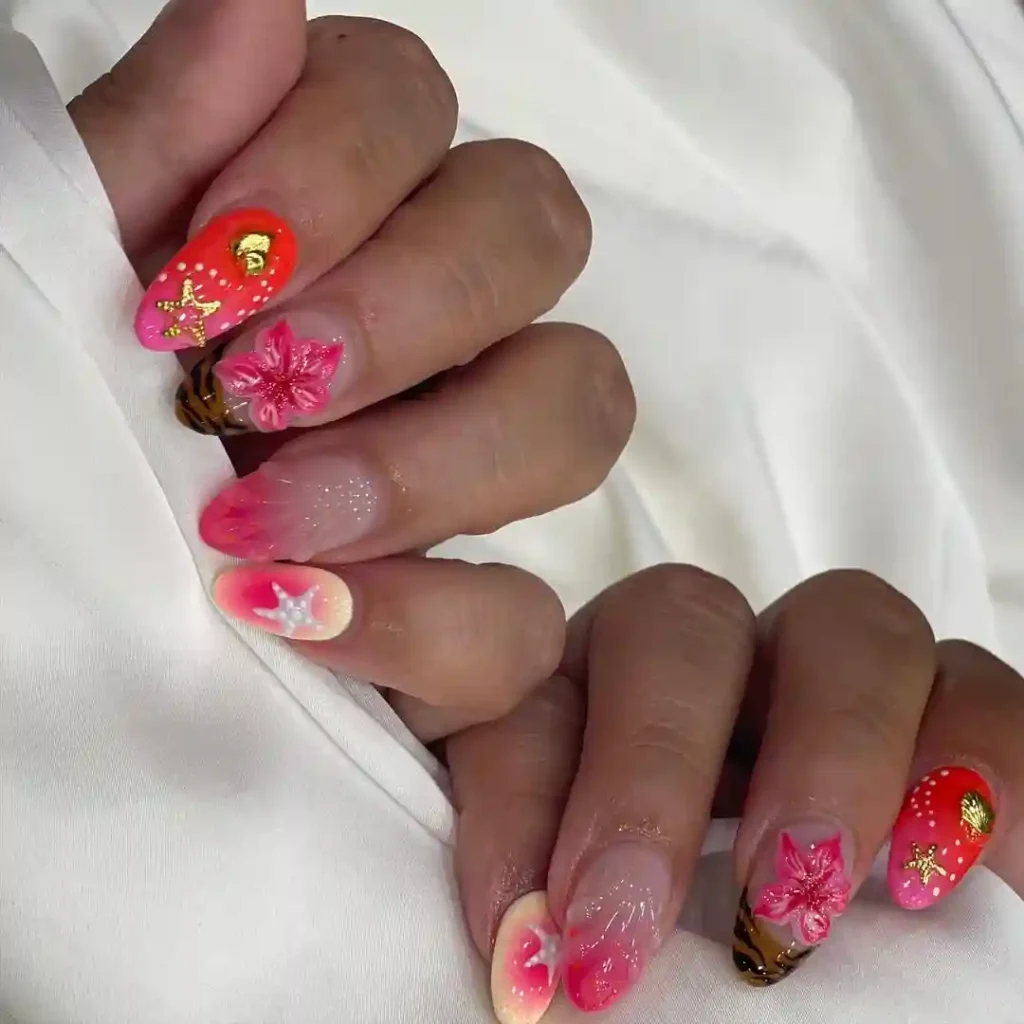 Tropical Pink Ocean Nails with Flowers and Star Accents