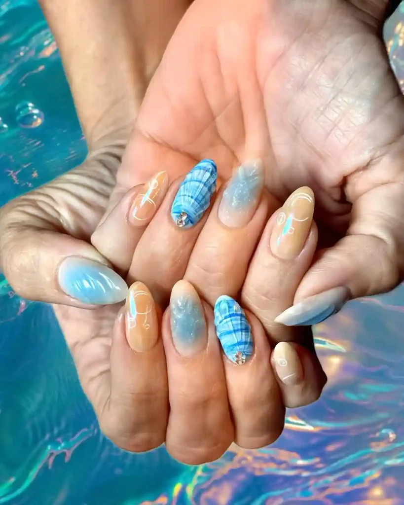 Wavy Blue Seashell Accent Nails