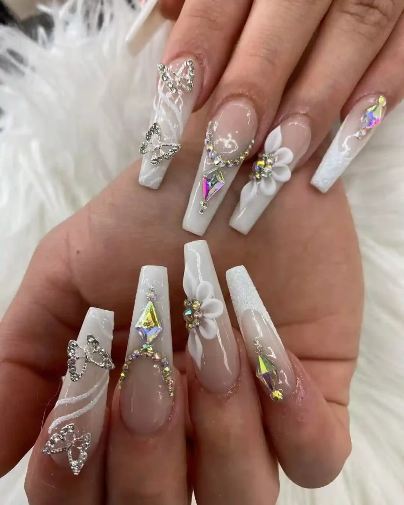White Bridal Coffin Nails with 3D Butterflies