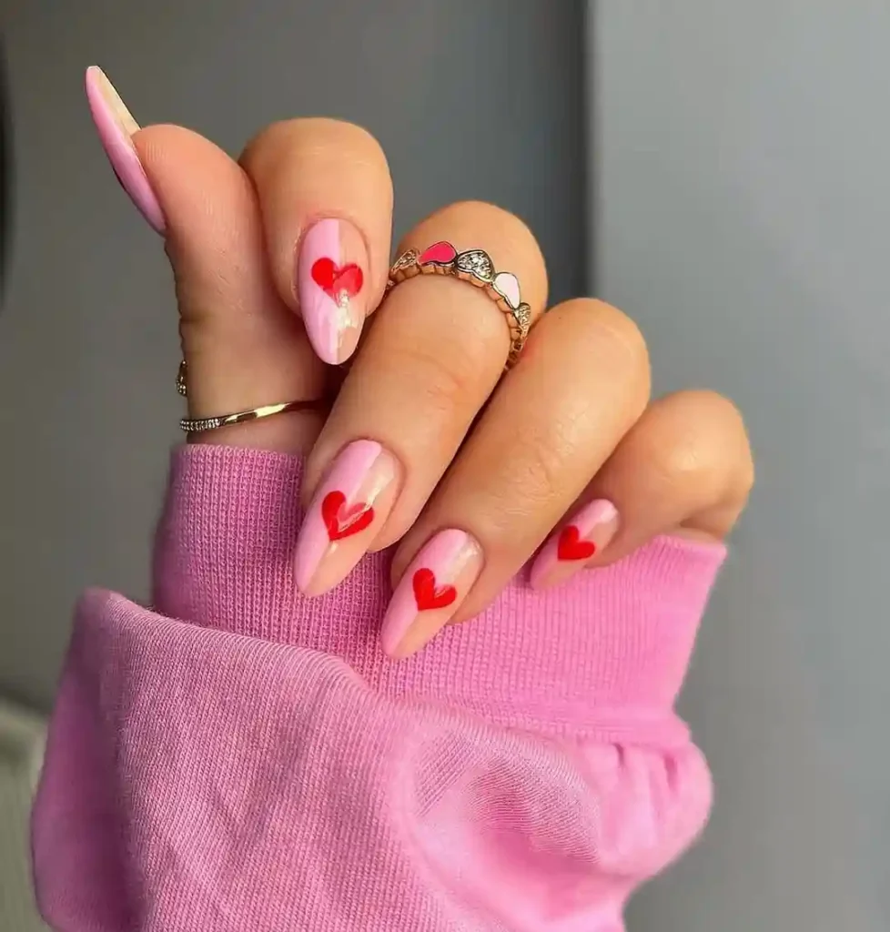 Pink Almond Nails with Bold Heart Art