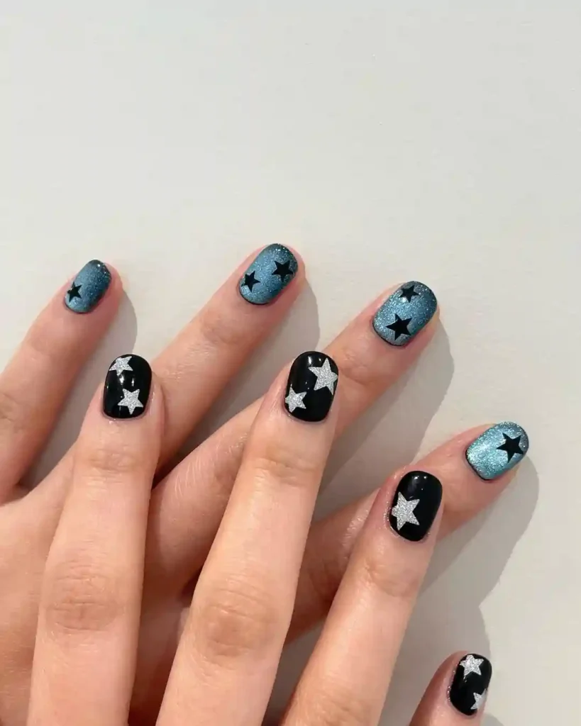 Starry Black & Blue Accent Nails